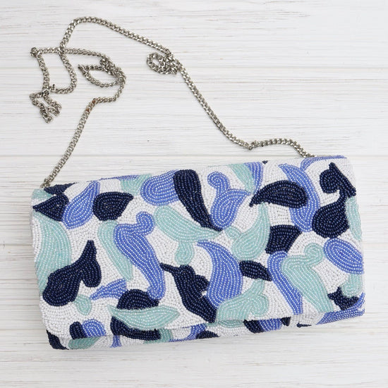 BAG Beaded Clutch in White, Periwinkle, Navy Paisley