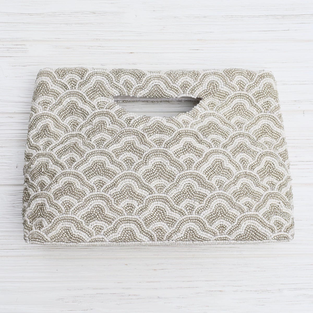 Cut Out Handle Clutch in Ivory and Silver Waves