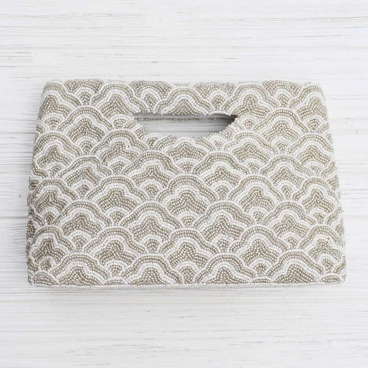 BAG Cut Out Handle Clutch in Ivory and Silver Waves