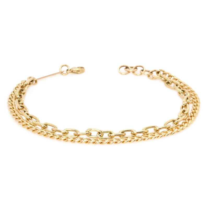 BRC-14K 14k Gold Double Chain Small Curb & Medium Square Oval Chain Bracelet