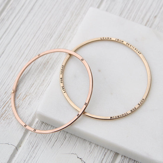 BRC-14K 14k Rose Gold Flat Hand Stamped Bangle ~ "The future belongs to those who believe..."