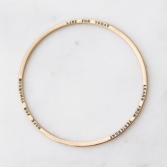 BRC-14K 14k Yellow Gold Flat Hand Stamped Bangle ~ "Live for today, Learn from yesterday, Hope for tomorrow"