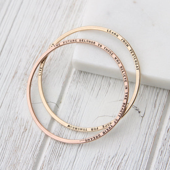 BRC-14K 14k Yellow Gold Flat Hand Stamped Bangle ~ "Live for today, Learn from yesterday, Hope for tomorrow"