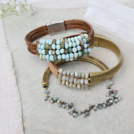 BRC-JM Coated Pale Green Moonstone Leather and Half Brass Cuff Bracelet