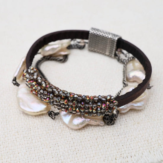 BRC-JM Crystal, Pearl Chain &  Oxidized Curb Chain Bracelet