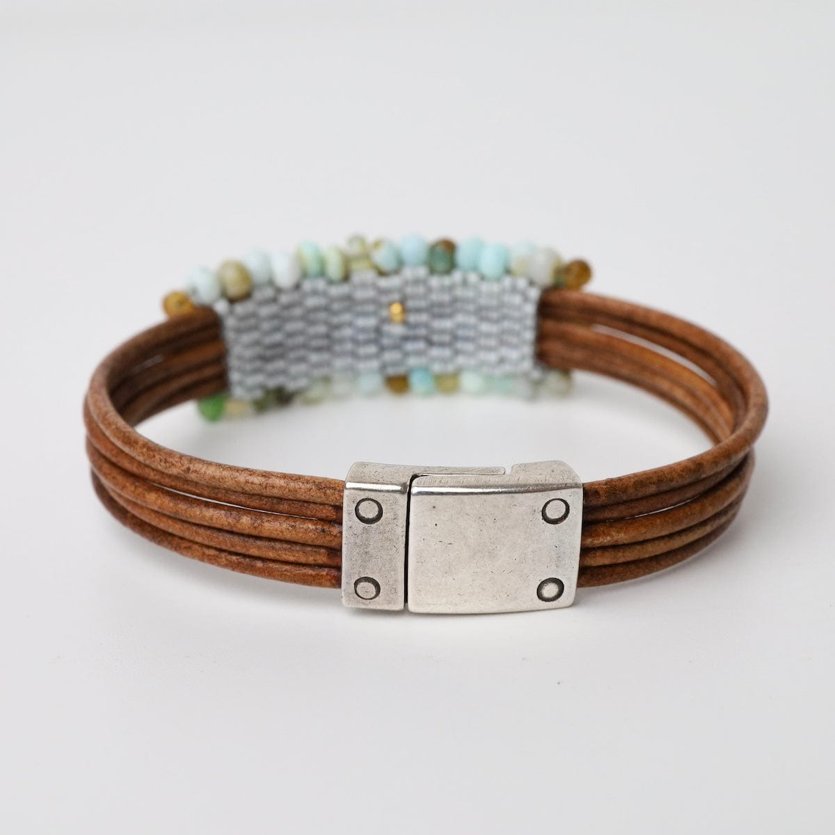 BRC-JM Hand Stitched Green Opal with Silver Nugget Leather Bracelet