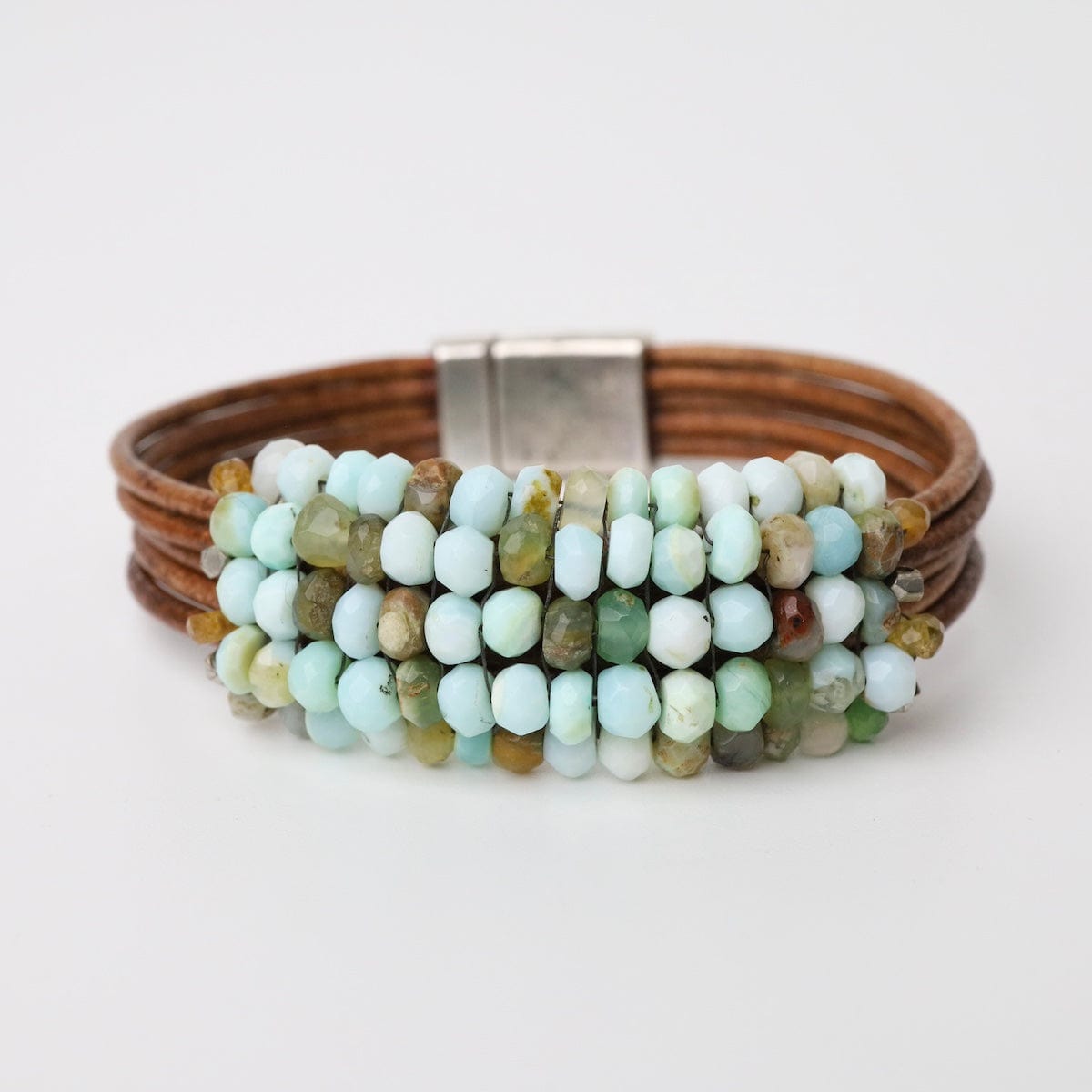 BRC-JM Hand Stitched Green Opal with Silver Nugget Leather Bracelet