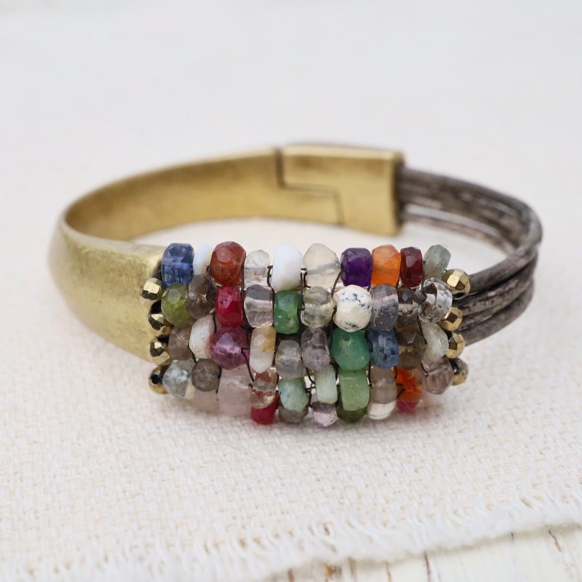 BRC-JM Hand Stitched Multi Color Gemstones with Gold Pyrite Trim Bracelet