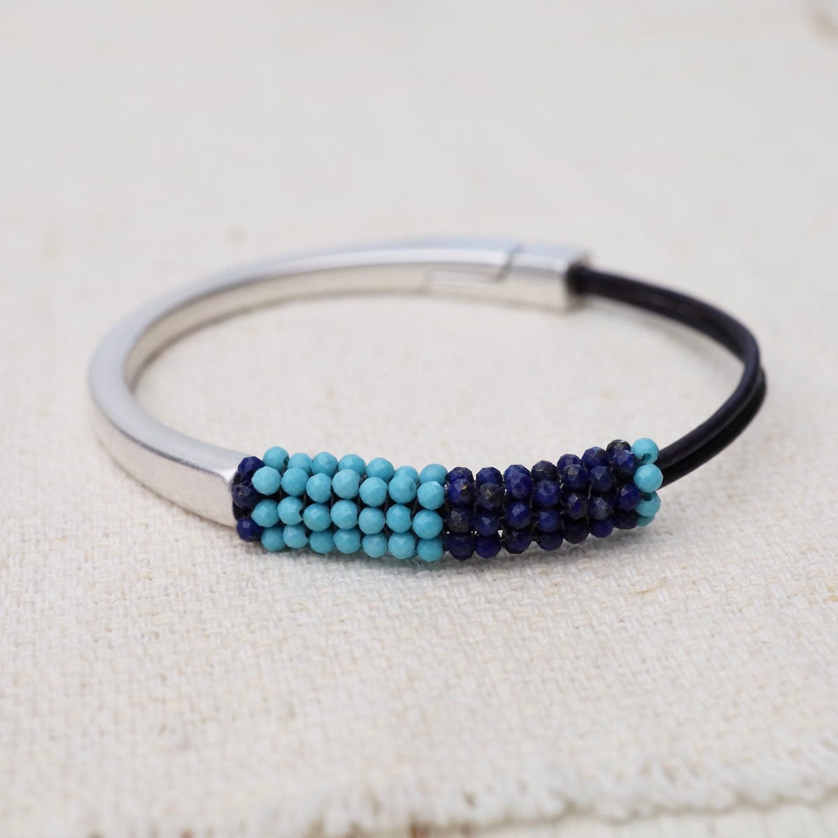 BRC-JM Hand Stitched Turquoise & Lapis Color Block Leather Bracelet
