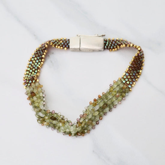 BRC-JM Hand Woven Soft Bracelet of Green Garnet with Tiny Grey Sapphires