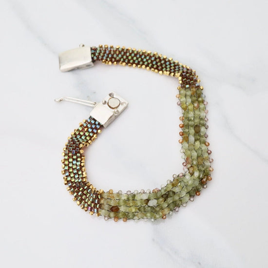 BRC-JM Hand Woven Soft Bracelet of Green Garnet with Tiny Grey Sapphires