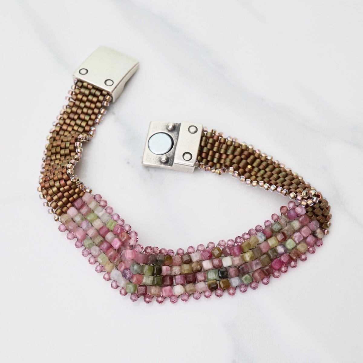 BRC-JM Hand Woven Soft Bracelet of Tourmaline Cubes with Pink Garnets