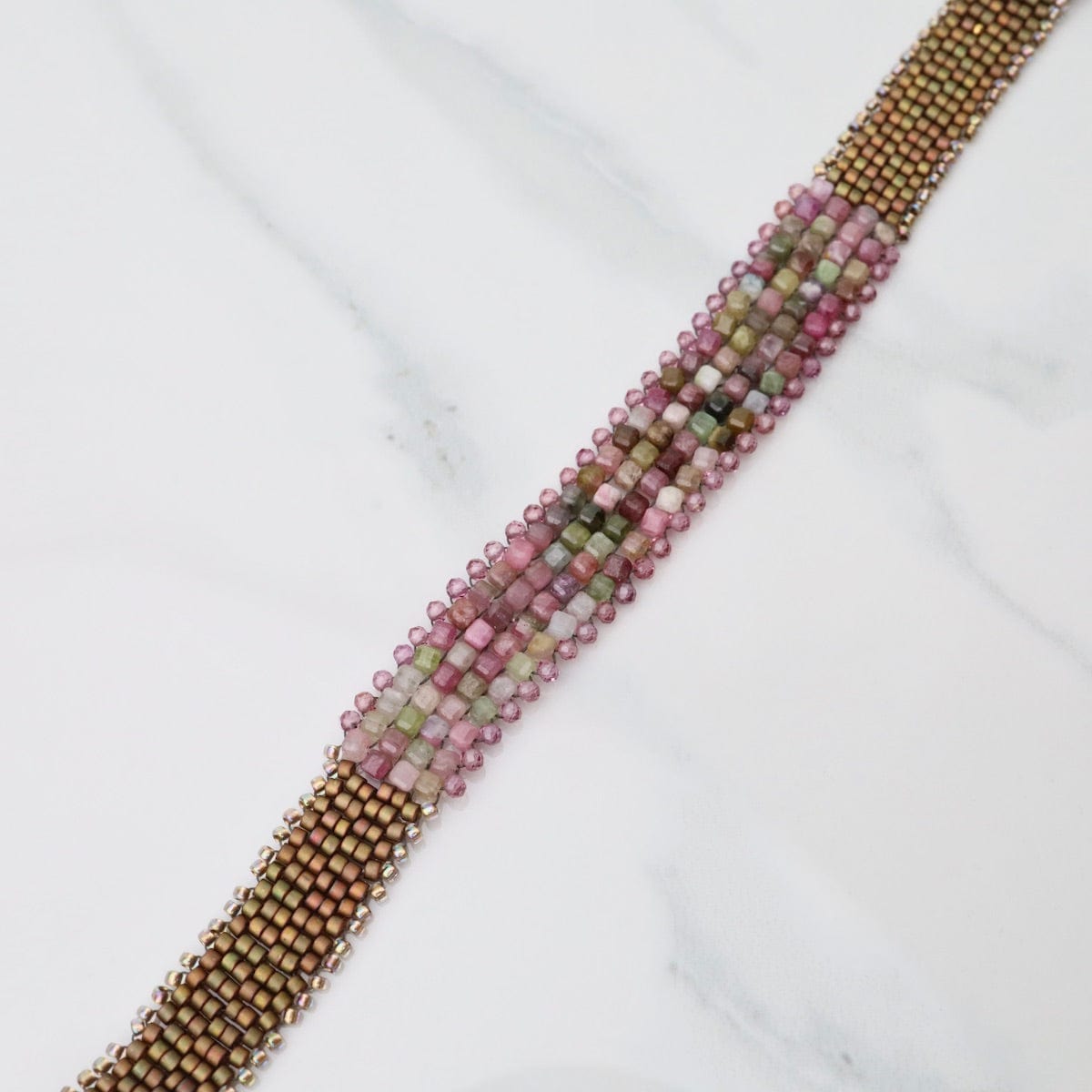 BRC-JM Hand Woven Soft Bracelet of Tourmaline Cubes with Pink Garnets