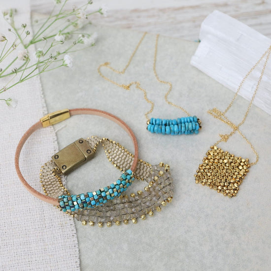 BRC-JM Tiny Turquoise & Gold Plated Hematite Leather Bracelet