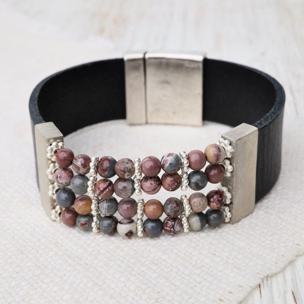 Picture Jasper Black Leather Bracelet – Dandelion Jewelry