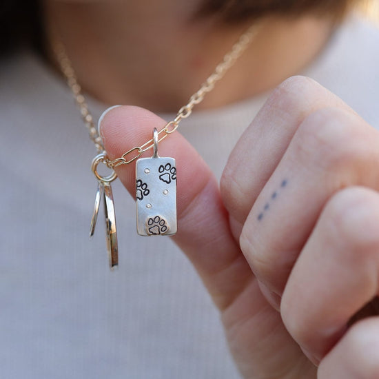 CHM Mini Silver ID Tag Charm with Diamonds & Paw Prints