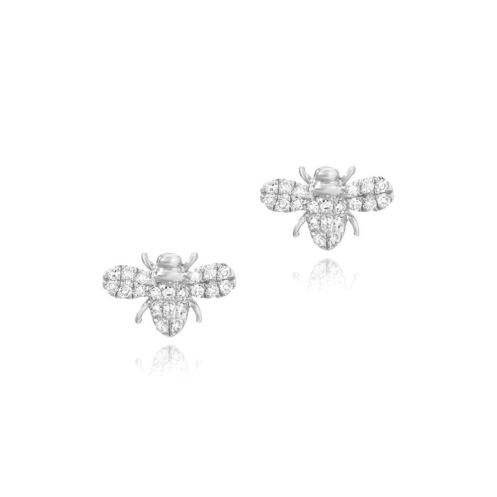 EAR-14K 14k White Gold Petite Bee Earrings with Pave Diamonds