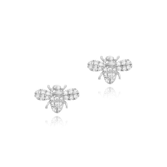EAR-14K 14k White Gold Petite Bee Earrings with Pave Diamonds