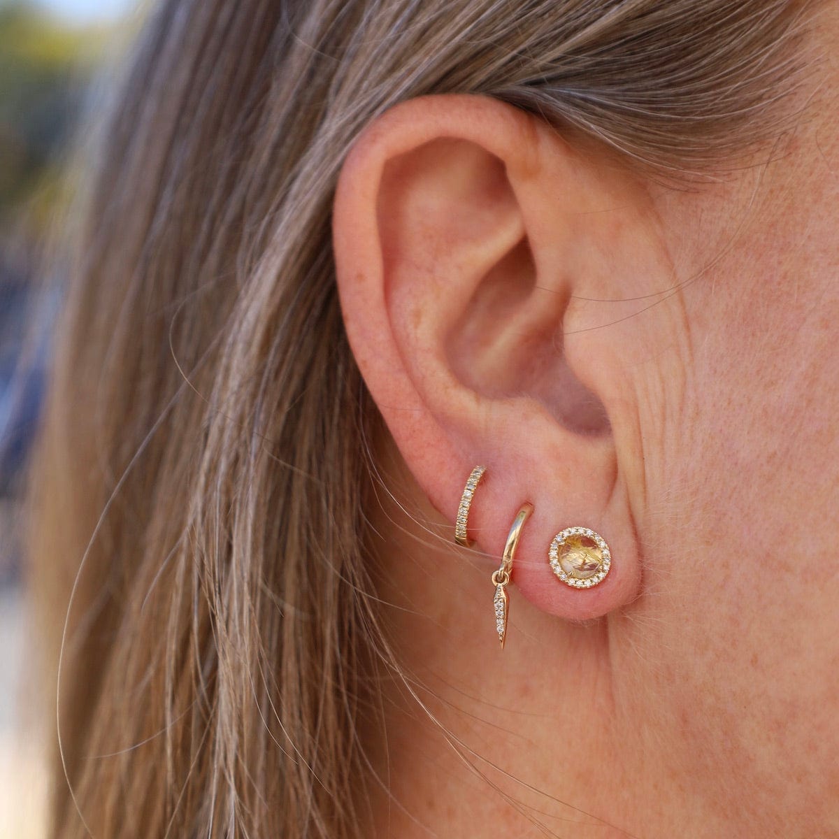 EAR-14K Rose Cut Golden Rutilated Quartz with White Diamond Halo Post Earrings