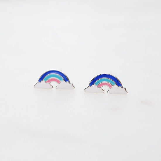 EAR Enamel Rainbow in Clouds Post Earrings - Blue, Light Blue, & Pink