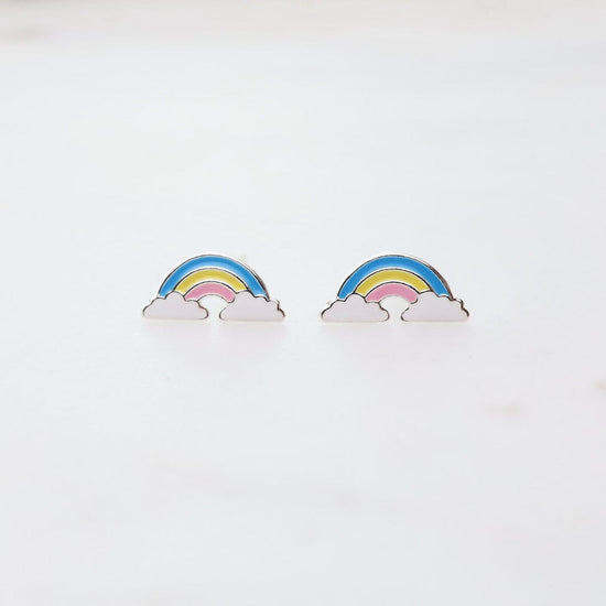 EAR Enamel Rainbow in Clouds Post Earrings - Blue, Yellow, & Pink