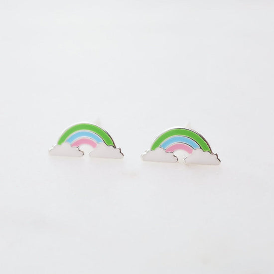 EAR Enamel Rainbow in Clouds Post Earrings - Green, Blue, & Pink