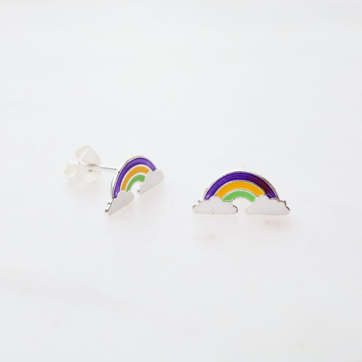 EAR Enamel Rainbow in Clouds Post Earrings - Purple, Yellow, & Green