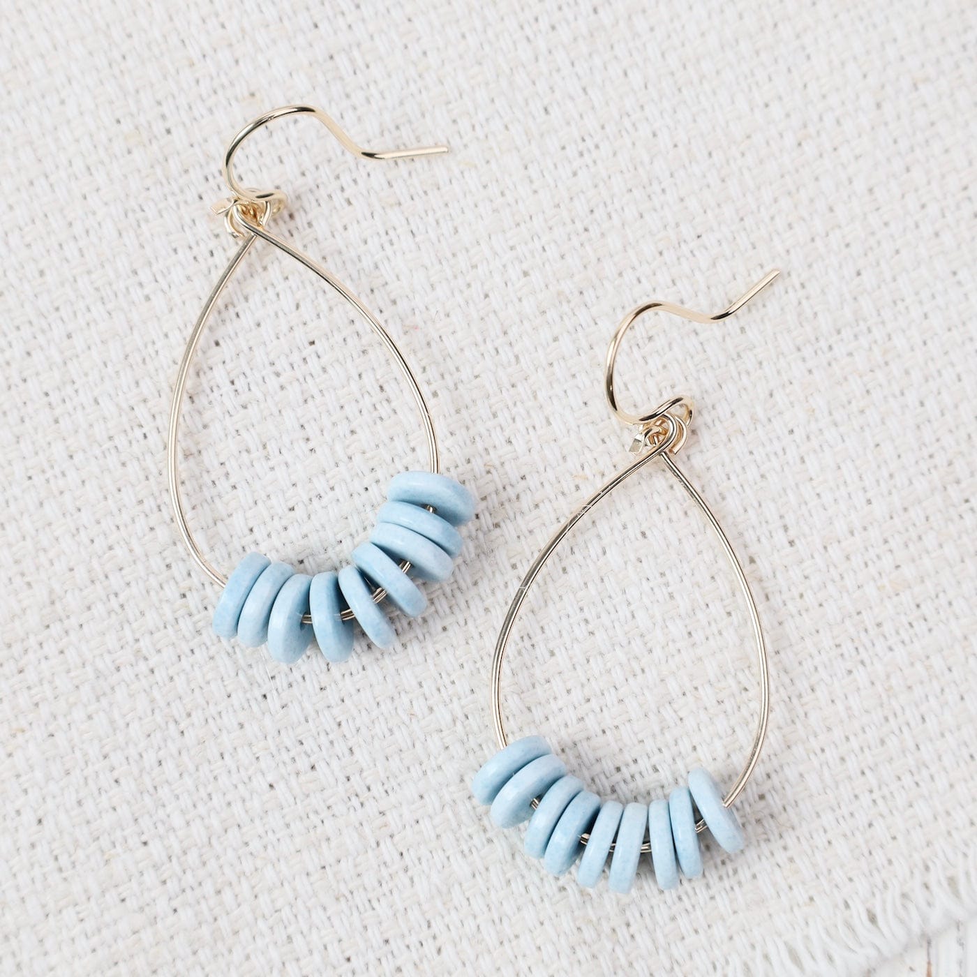 Blue Denim Heishi String Beads Gold FIlled Teardrop Earrings