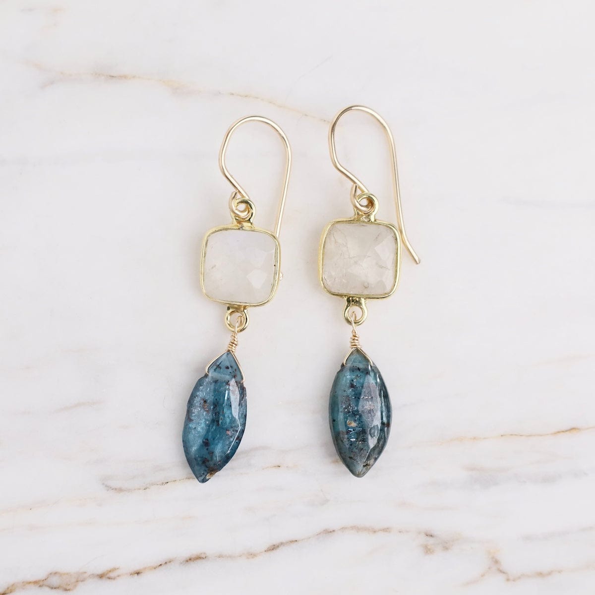 Kyanite and moonstone 2024 gemstone gold dangle earrings