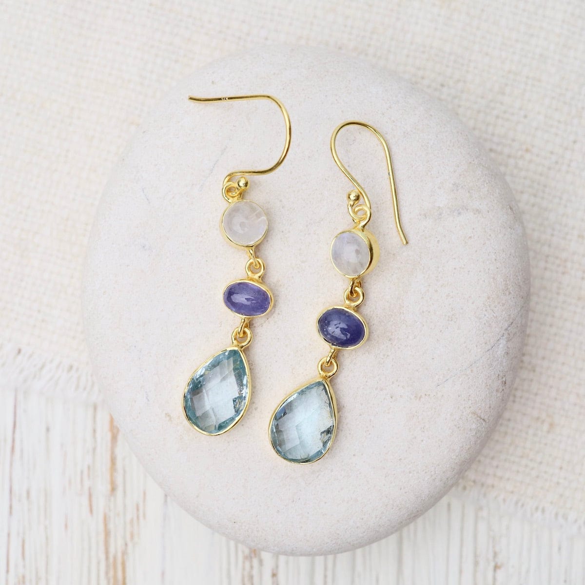 Moonstone and tanzanite sold gemstone gold dangle earrings