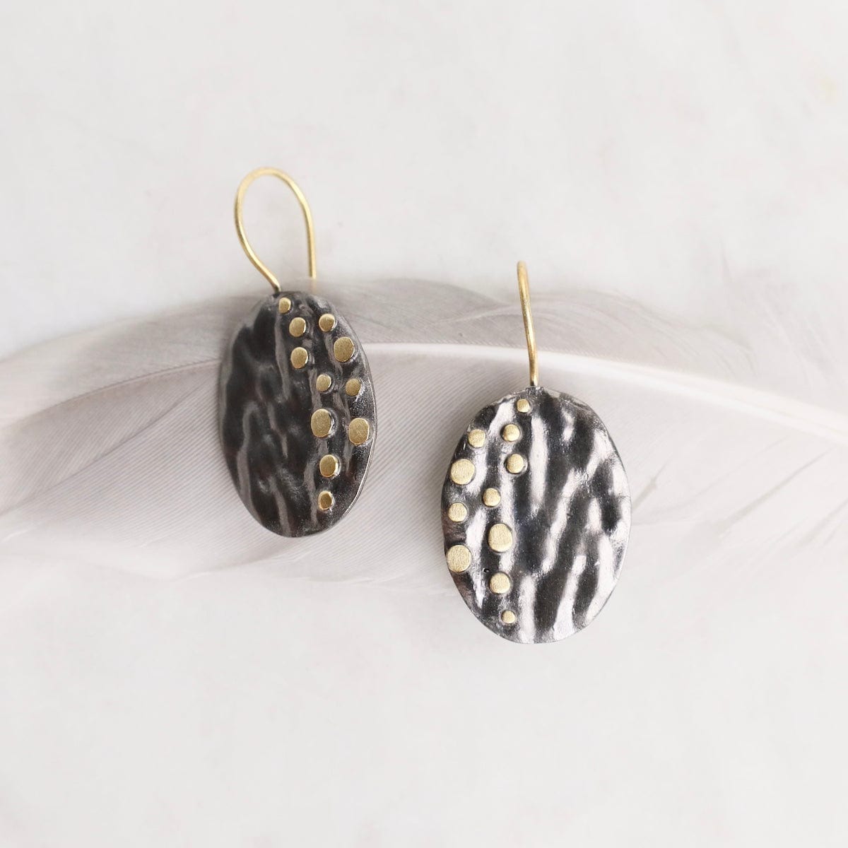 EAR-GPL Dark Rhodium Textured Oval with Gold Dots Earrings