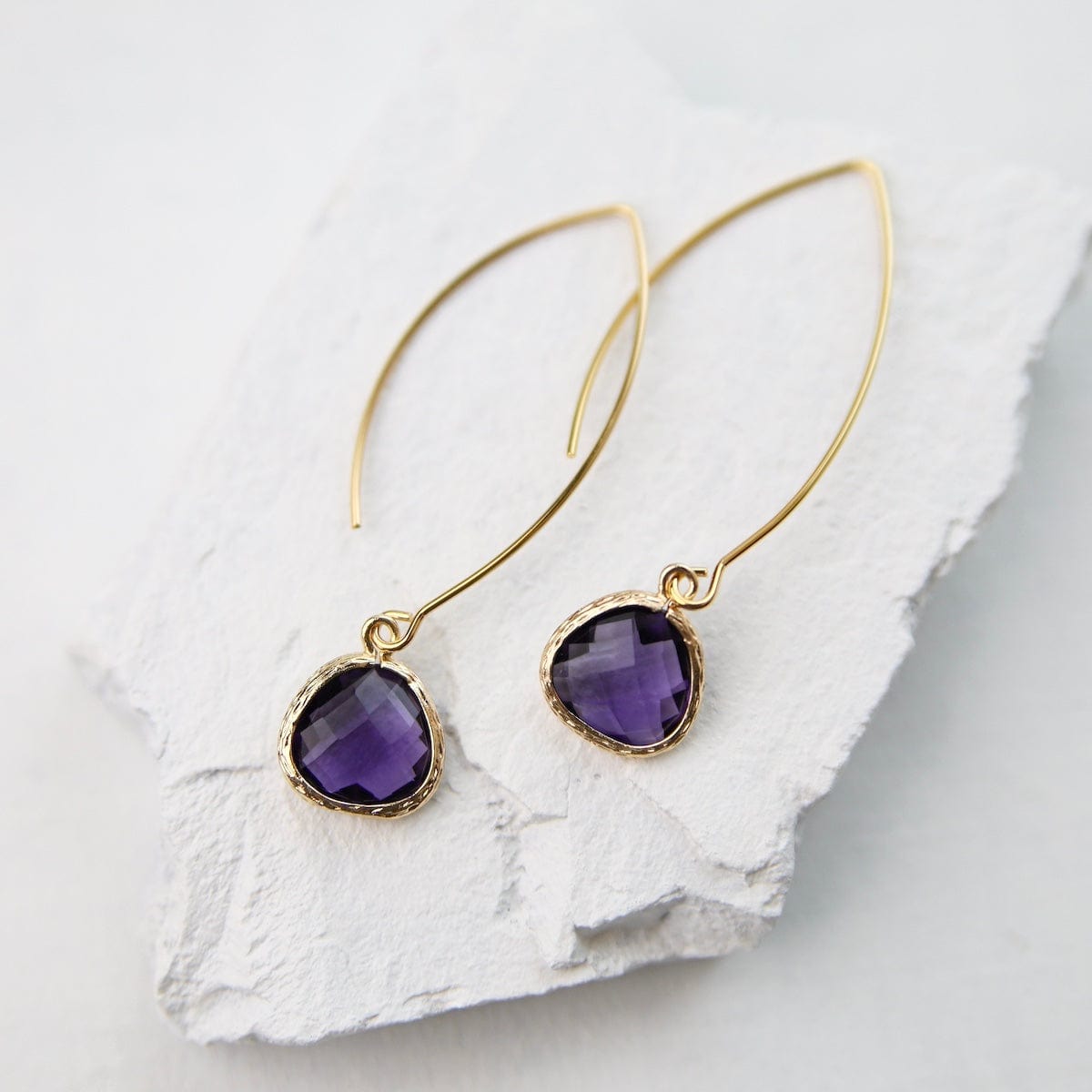 Long gold plated behind earrings, Amethyst selling drop