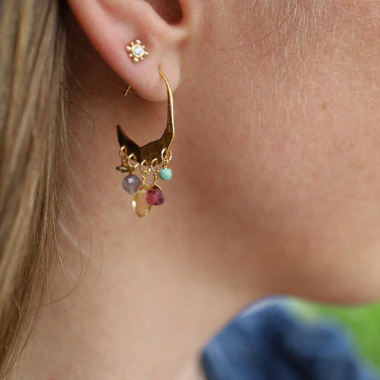 EAR-GPL Petite Crescent Mixed Colored Stones Gold Hoop Earrings