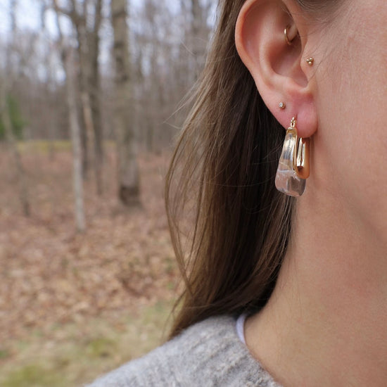EAR-GPL Square Gold Plated Brass & Acrylic Hoops - Clear Quartz