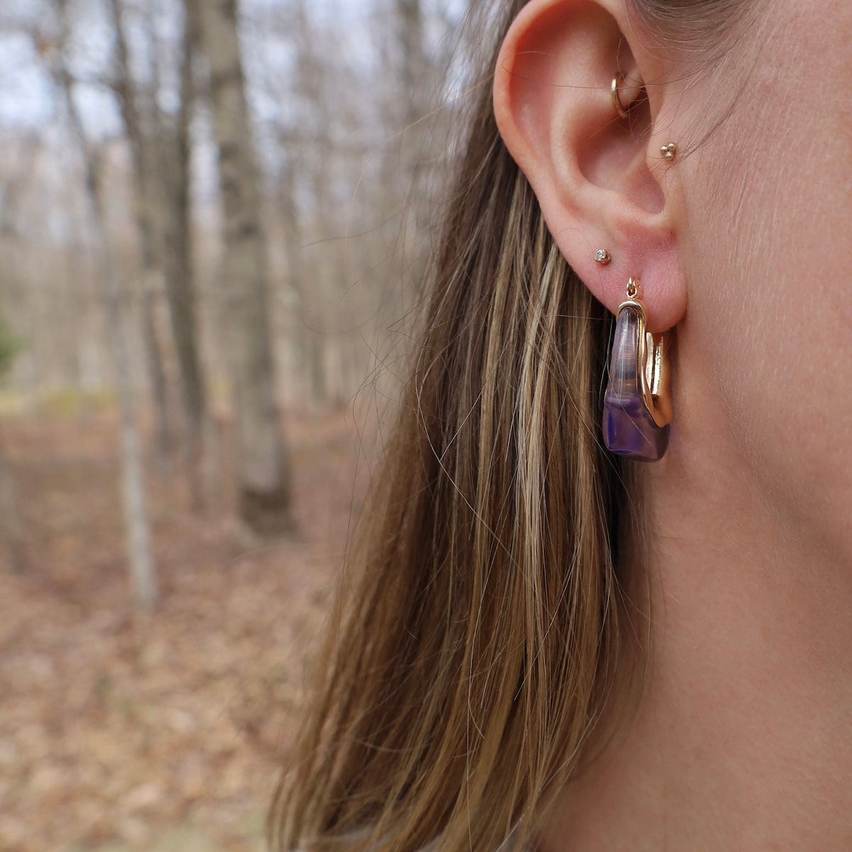 EAR-GPL Square Gold Plated Brass & Acrylic Hoops - Purple