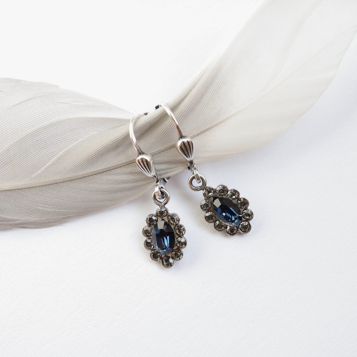 EAR-JM "Old Silver" Small Marquis Midnight Stone Earrings