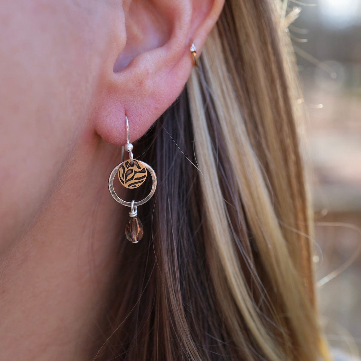 EAR-JM Silver Hoop, Bronze Disc, and Hanging Brown Bead Earrings