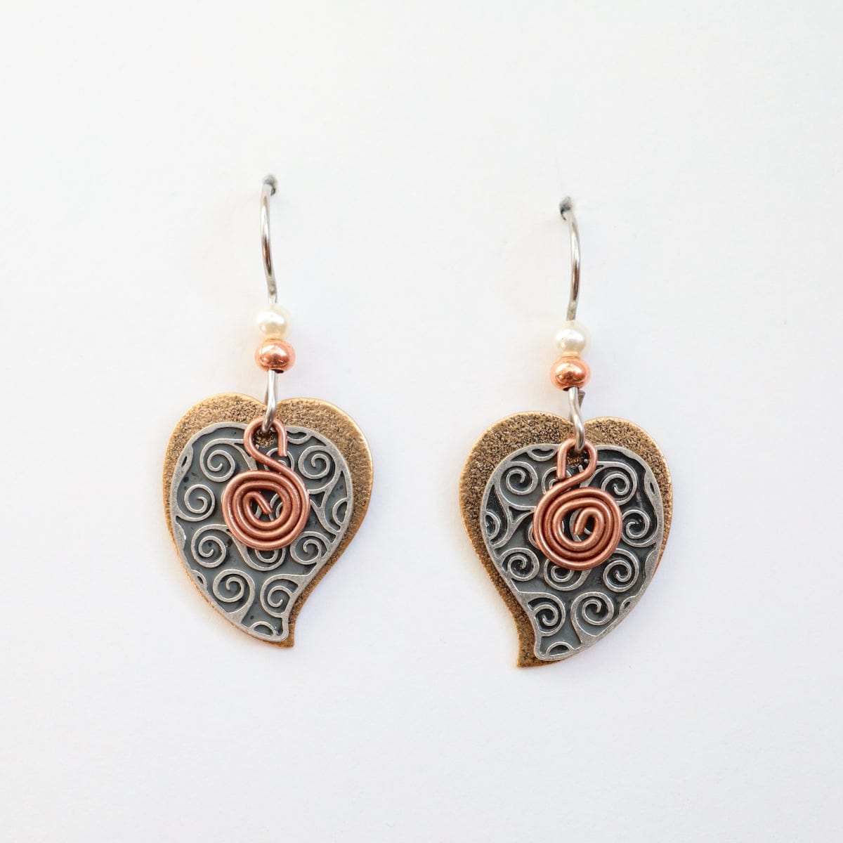 EAR-JM Silver Pattern Heart with Copper Swirl Earrings