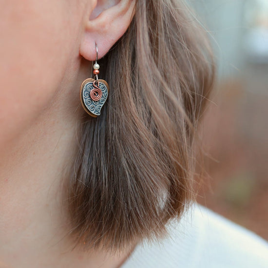 EAR-JM Silver Pattern Heart with Copper Swirl Earrings
