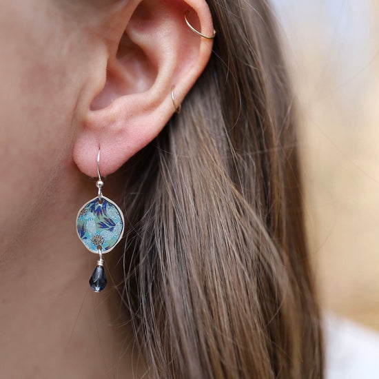 EAR-JM Water Lily Oval with Blue Crystal Drops Earring