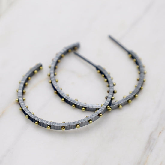 EAR Medium Textured Dot Hoops in Oxidized Silver with 18k Gold