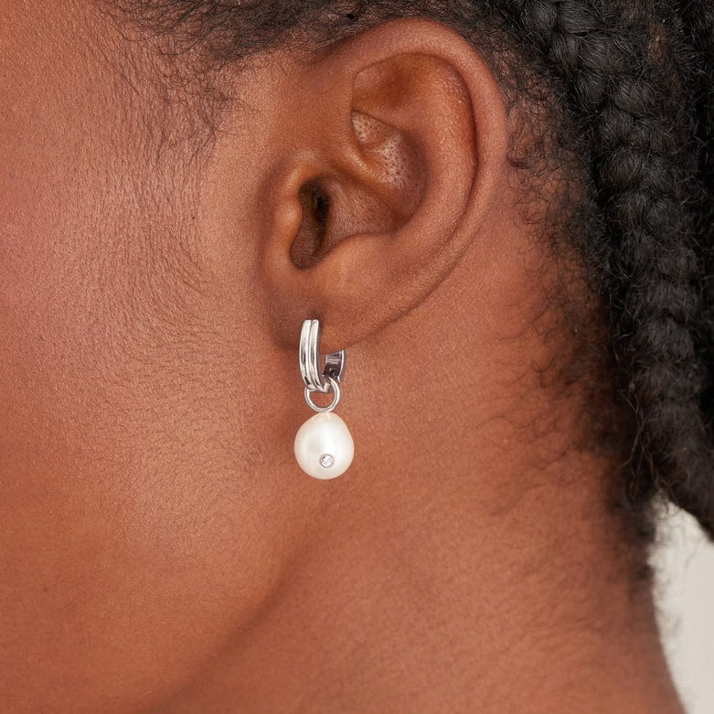 EAR Silver Pearl Drop Sparkle Huggie Hoop Earrings