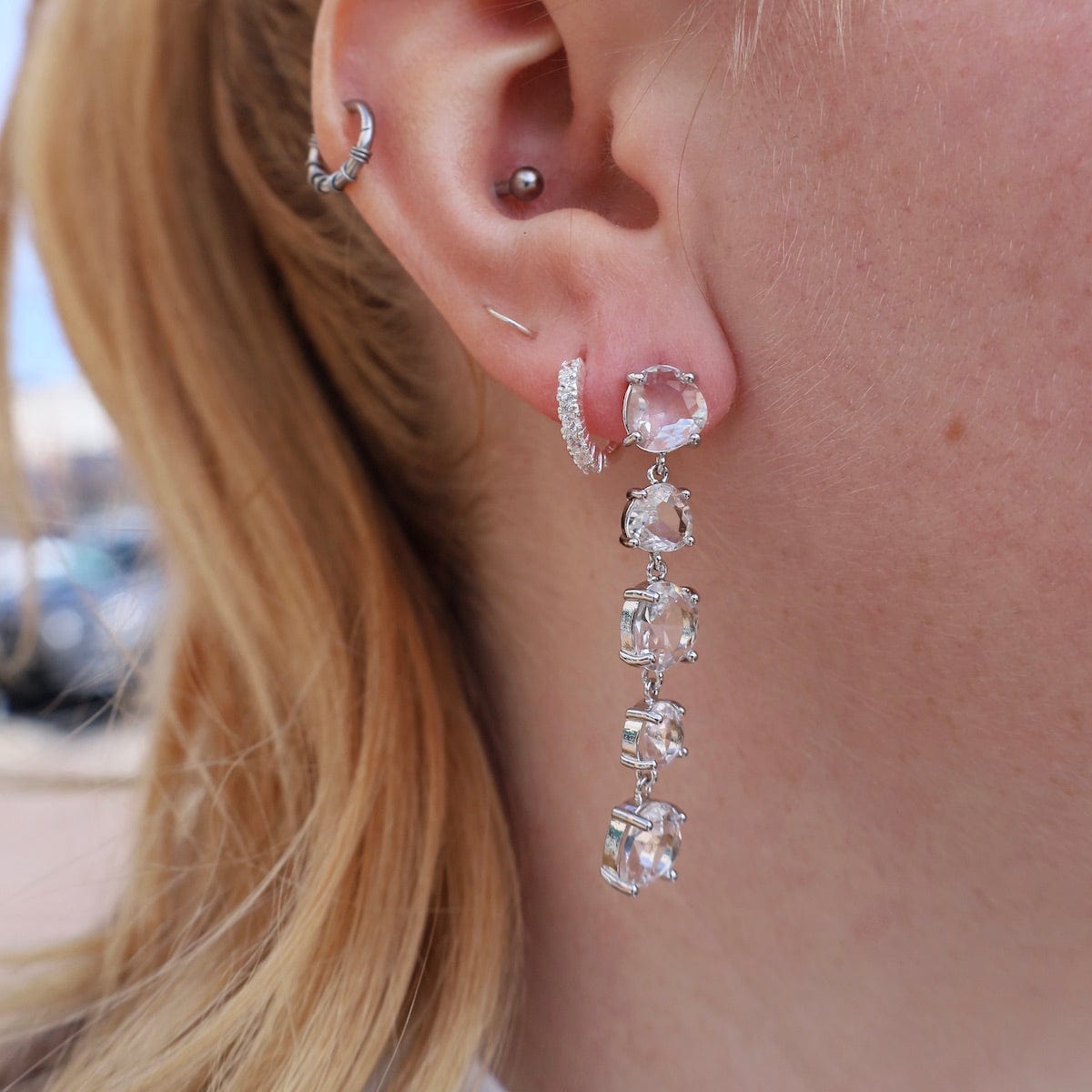 EAR Sterling Silver 5 Large Crystal Drop Earrings
