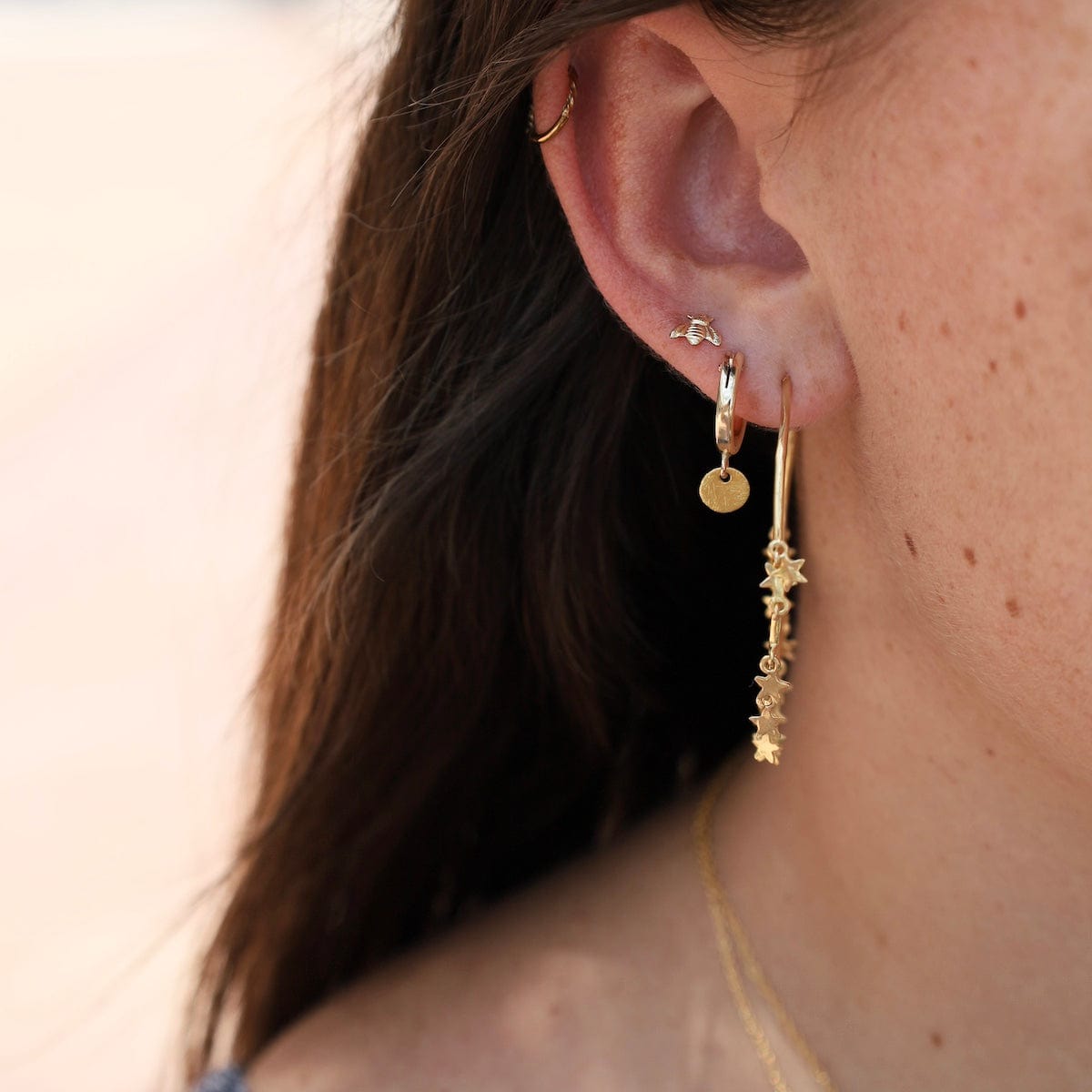 24k Gold Vermeil Hoops with Tiny Star Charm Dangle Earrings