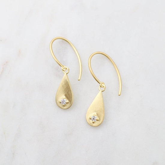 EAR-VRM Dewdrop with CZ on Oval Hook Earrings- Brushed Gold Vermeil