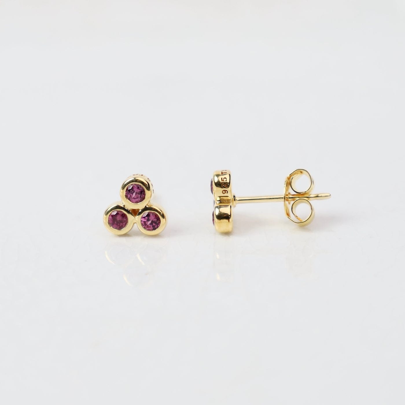 Gold Vermeil Rhodolite Garnet Triple Bezel Cluster Stud Earrings
