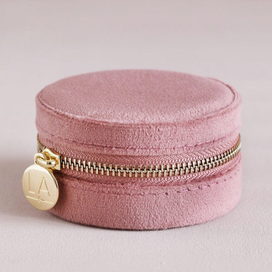 GIFT Rose Pink Velvet Round Travel Jewelry Case