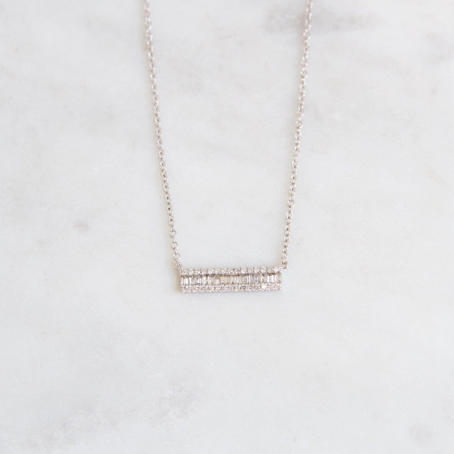 NKL-14K 14K White Gold Channel Baguette with Diamond Edge Bar Necklace