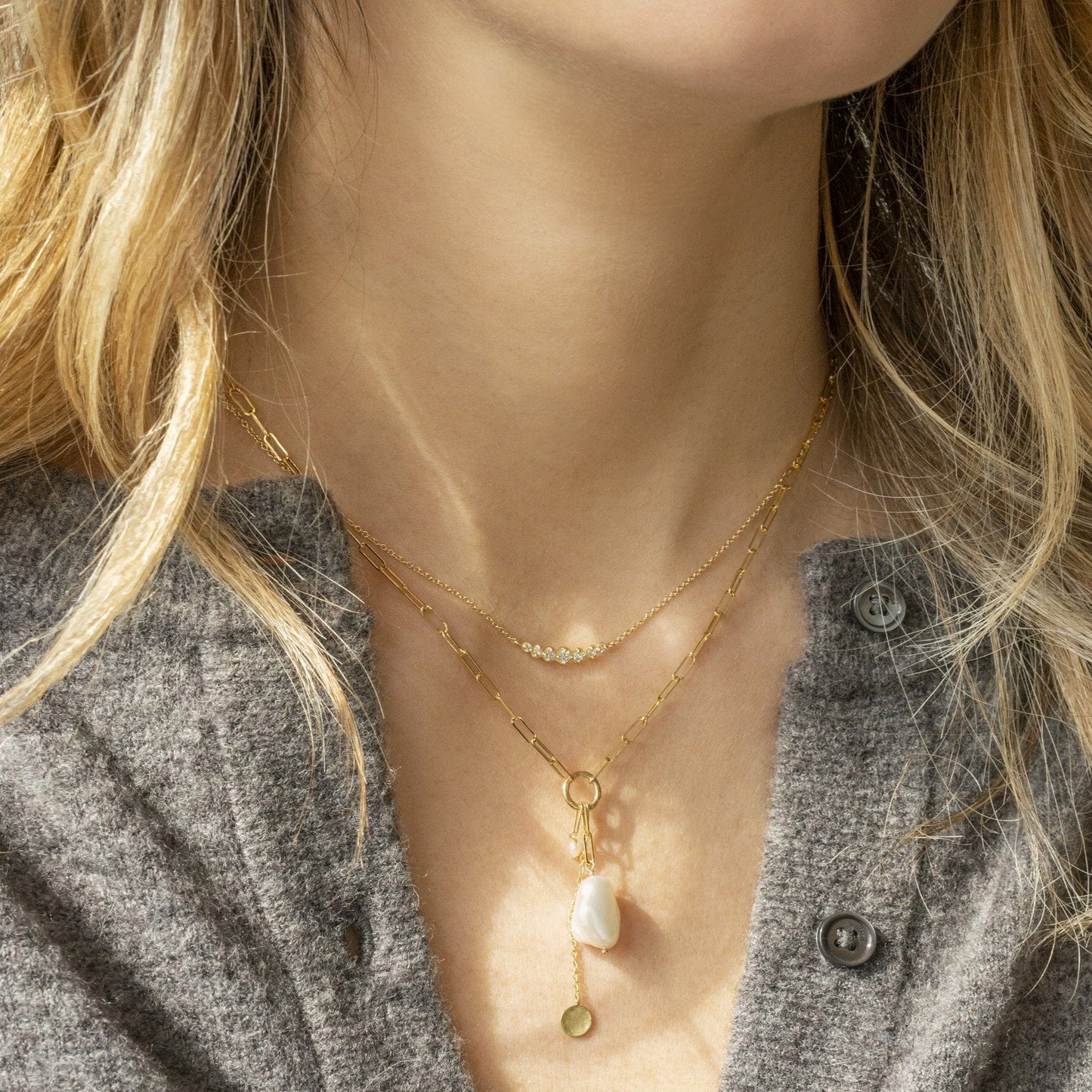 NKL-14K 'Luna' Paperclip and Keshi Nugget Necklace
