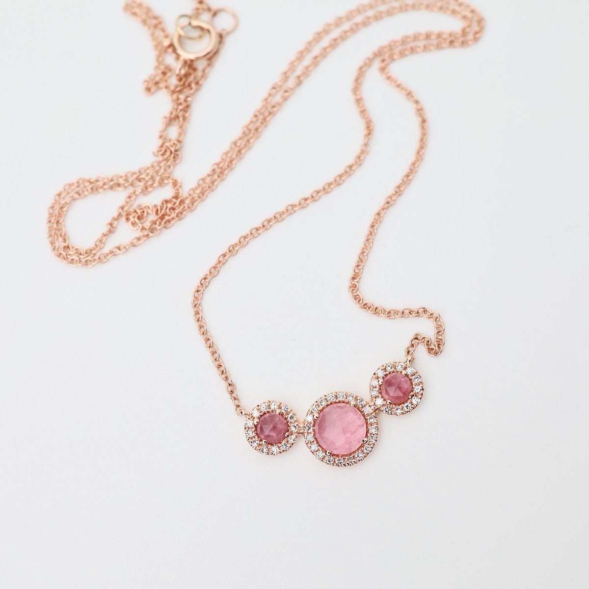 NKL-14K Rose Cut Pink Tourmaline with White Diamond Halo Necklace